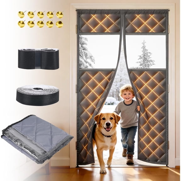 Magnetic Thermal Insulated Door Curtain, Oxford Cloth Filled with Thickened Cotton, Fits Door Size 32 x 80 Windproof Door Screen with Visible Window, Winter Door Cover Curtain Keeps Cold Drafts Out