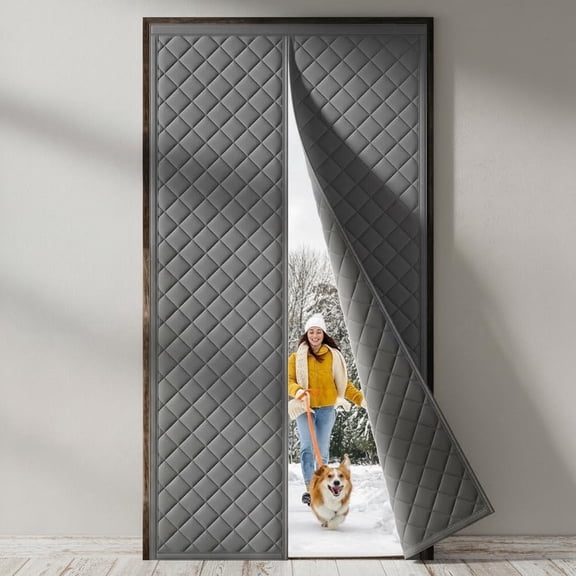 Magnetic Thermal Insulated Door Curtain, Quilted Oxford Fabric Thicken Cotton Fill, Winter Cover Keep Cold Draft Out, Blanket Insulation for Front Patio Doors Gray