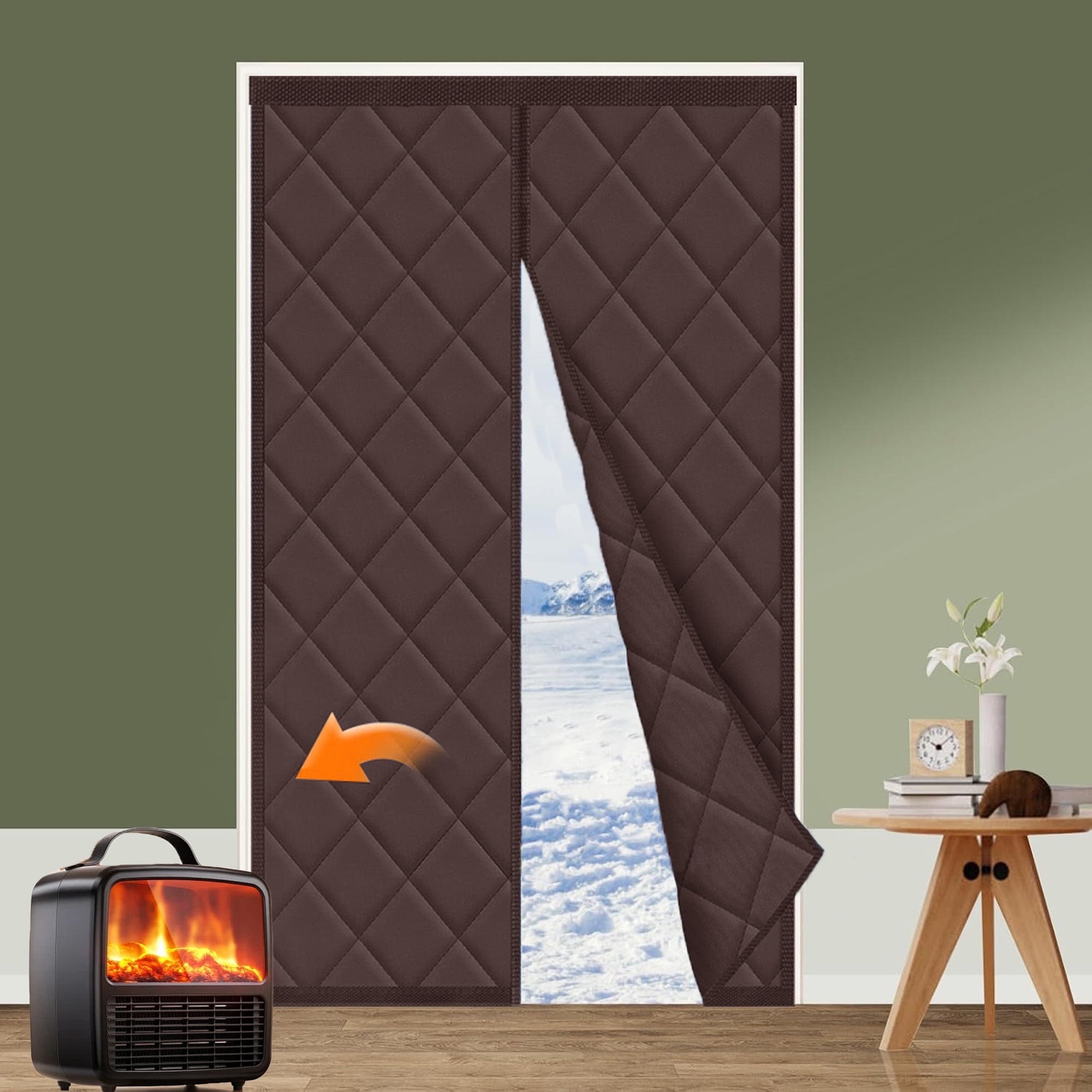 Magnetic Thermal Insulated Door Curtain, Size 34" x 82", Upgraded Oxford Cloth Filled with Thicken Cotton, Insulation Cover Blanket for Winter/French/Patio/Sliding Glass Doors, Brown