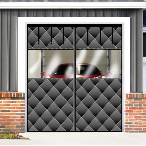 Magnetic Thermal Insulated Door Curtain with Visible Windows, Thicken Polyester Fiberfill & Durable Oxford Fabric, Hands Free Windproof Door Screen for 1 Car Garage Doors 8x7FT, Black