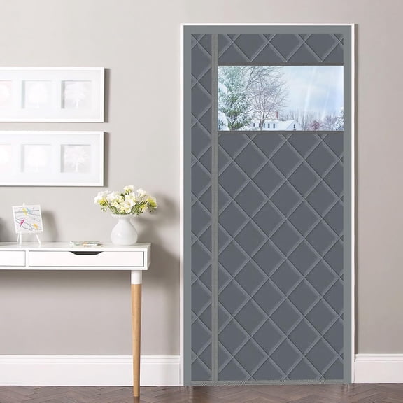 Magnetic Thermal Insulated Door Curtain, Winter Door Cover with Visible Window Side Opening Gray