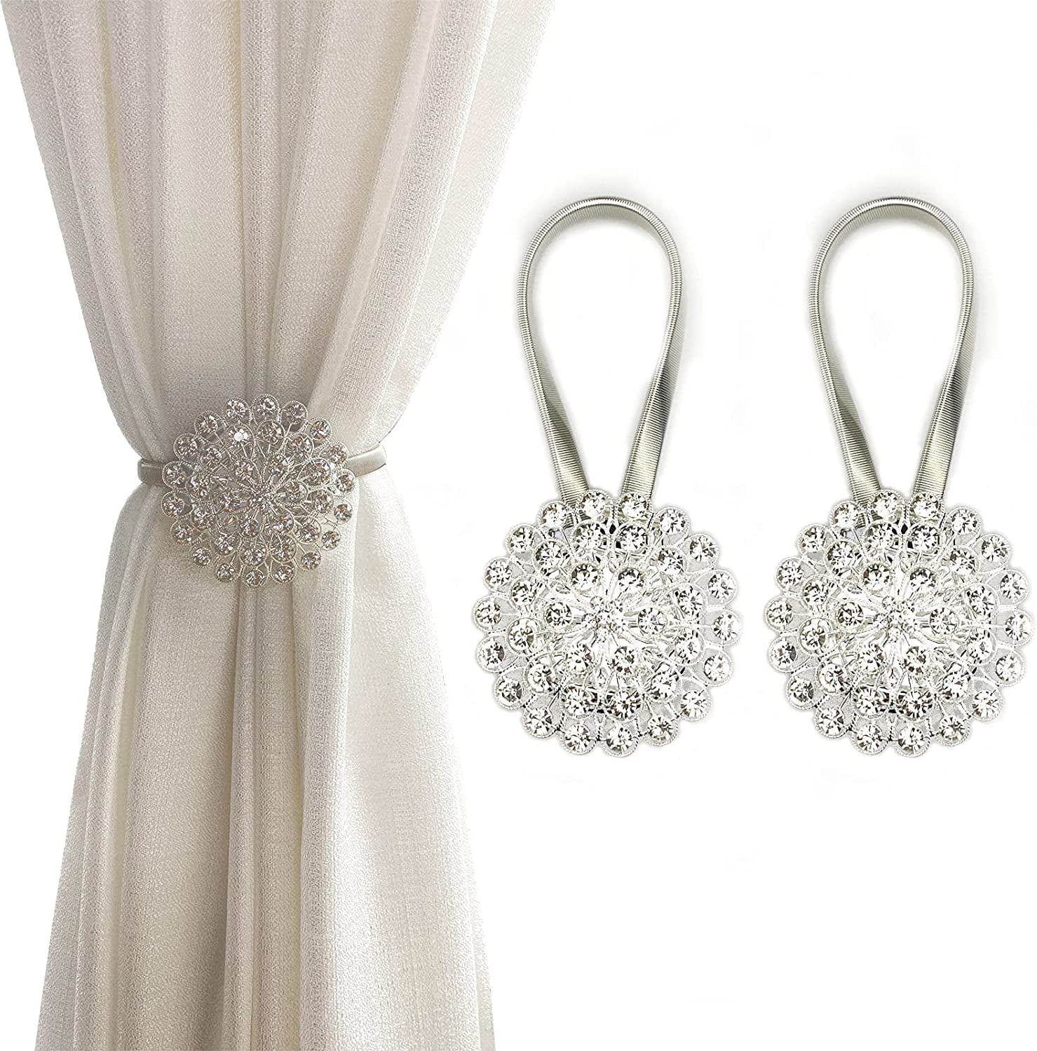 Magnetic Tiebacks for Curtains, 2 Pack Sparkling Crystal Flower Curtain ...