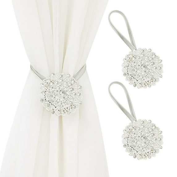 Magnetic Tiebacks for Curtains, 2 Pack Sparkling Crystal Flower Curtain Tiebacks Curtain Buckle Clips with High-Elastic Spring Wire for Home Office Decoration