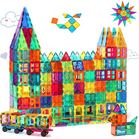 FlexiLiving Magnetic Tiles STEM Educational Building Toys with 2 Cars, 100 Pieces