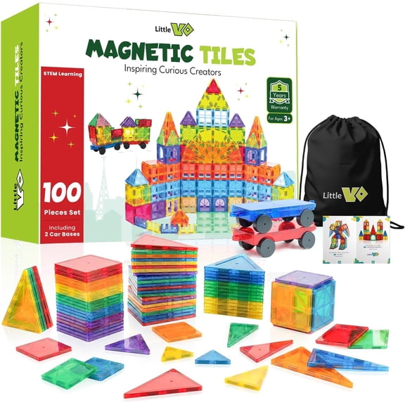 Magnetic Tiles 100 pcs with 2 Cars, STEM Building Blocks for Kids, Eduional Gift, Magnet Couction Toys for Toddlers, School Teacher Supplies, Classroom Must-Haves