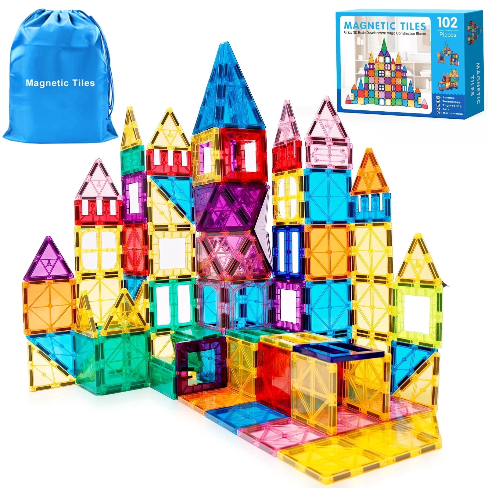 Magnetic Tiles 102pcs Building Blocks Stem Toys for 3+ Year Old Boys and Girls Montessori Toys Toddler Kids Gifts Parents Approved Sensory Toys