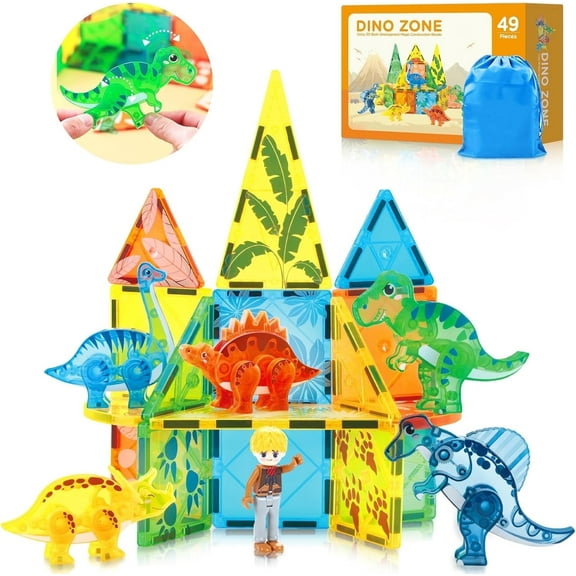 Magnetic Tiles Blocks Dinosaur Toys, 3D Movable Dinos Magnetic Building Blocks for Kids 3-5 5-7 STEM Educational Outdoor Sensory Toys Gifts for Boys and Girls