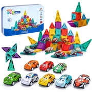 BUBUQE Mini Magnetic Tiles 62 PCS with 8 Metal Cars Travel Magnetic Building Tiles with Storage Box Magnet Toy for Kids STEM Educational Set Construction Toys Boys Girls Toddlers Birthday Gifts