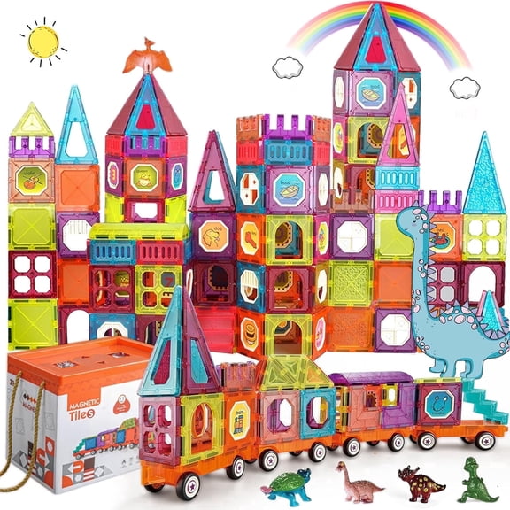 Magnetic Tiles Building Blocks Train Set with 4 Cars STEM Construction Dinosaur Toy for Kids Ages 3+ Boys Girls Toddlers