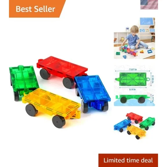 Magnetic Tiles Cars Construction Set - 4 PCS Magnetic Tiles Magnet Bricks Tru...