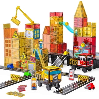 SKTMYY Magnetic Tiles Fire Station Building Set, STEM Toy with Road Tiles, Crane and Marble Run Accessories