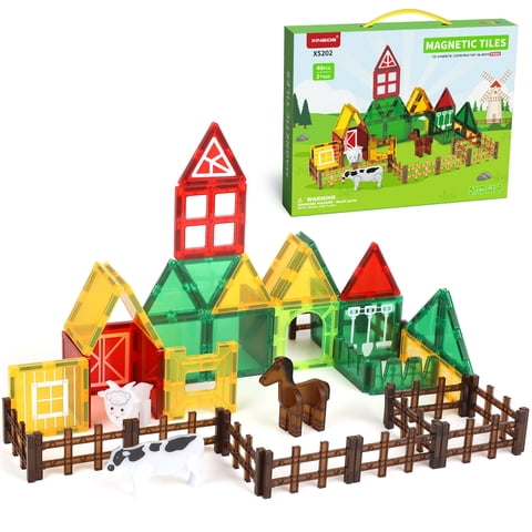 Magnetic Tiles, 46 PCS Farm Animals Theme Magnetic Blocks, Montessori Learning Toys for Boys Girls Ages 3–6, Magnetic Construction Toys for Toddlers, Educational Toys for Birthday Gifts