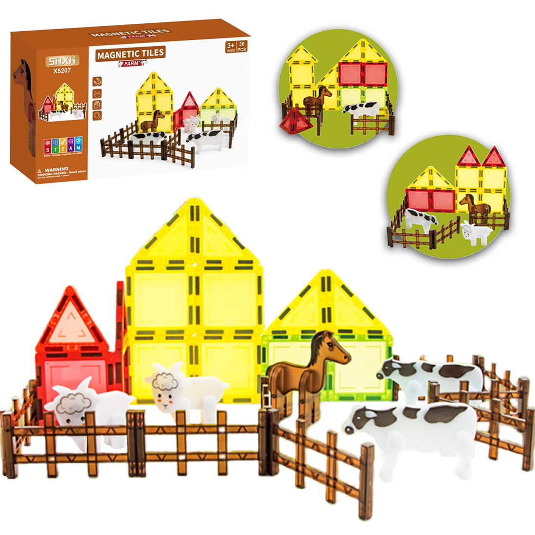 SHETINAR Magnetic Tiles Farm Animals Magnet Building Magnetic  Blocks Toys for Kids - 30 Pieces
