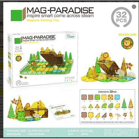 Magnetic Tiles Kids Toys, STEAM Grassland Building Blocks for Ages 3+, Colorful Transparent Window 3D Construction Sensory Toys, Comes with Wild Grassland Animal Figurines, Preschool Learning Game Gi