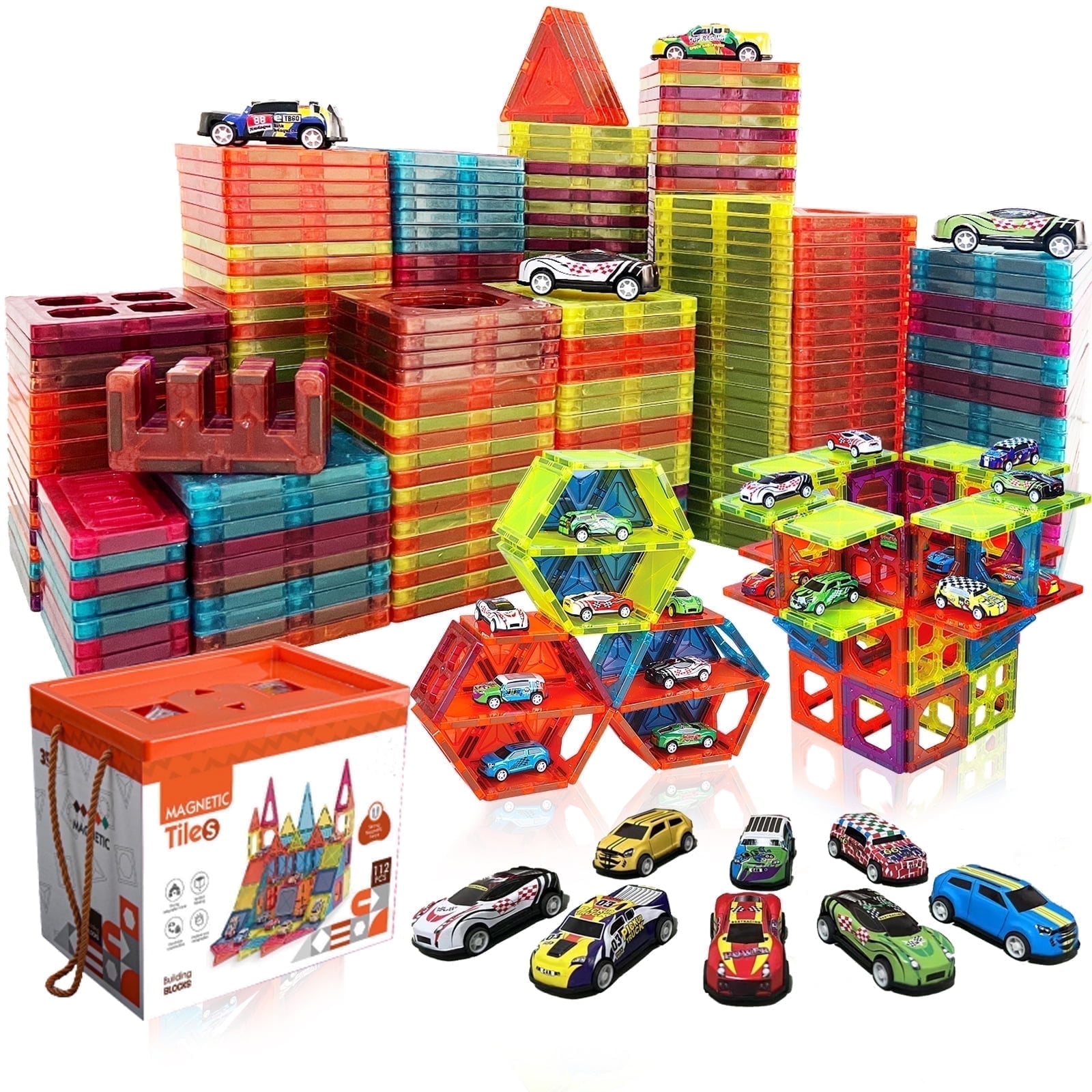 Magnetic Tiles Parking Building Playset with 10 Pull-Back Metal Cars for Kids Construction STEM Toy