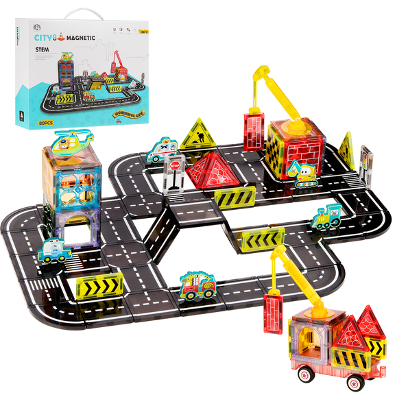 Magnetic Tiles Road Set with Magnet Cars - 80 PCS Giant 3 Magnetic Building Blocks for Kids, STEM Construction Engineering Toys, Learning Gift for Ages 3-12 Year Old Boys & Girls