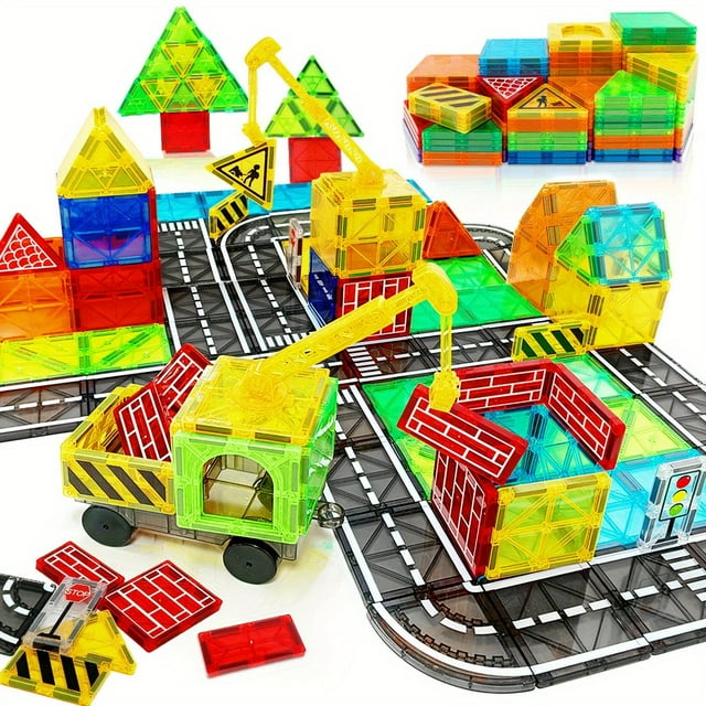 Magnetic Tiles Road Set with Magnet Crane Car Toys, Ice Castle Magnetic Blocks STEM Toys Creativity And Educational Construction Toys Toys for Kids Age 3-6 Birthday Gifts Random Color
