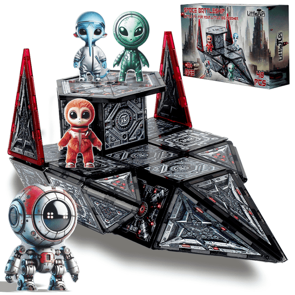 Little Pi Magnetic Tiles Building Set 48 Pieces – Space Battleship STEM Toy for Kids Ages 3–8