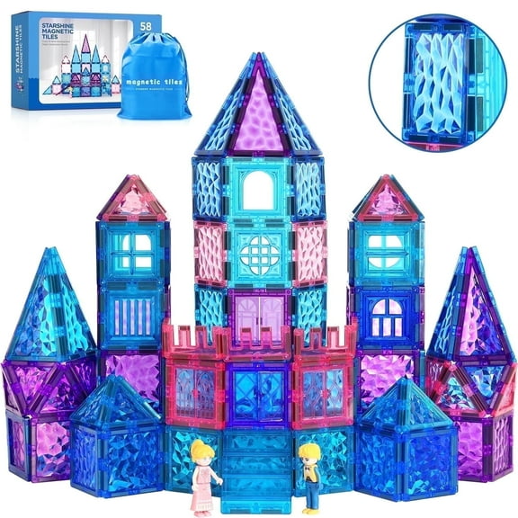 FunMagic Magnetic Tiles, Shining Sparkle Magnetic Toys for Girls 3D Diamond Magnetic Building Blocks with 2 Dolls, STEM Sensory Educational Toys for Toddlers Kids