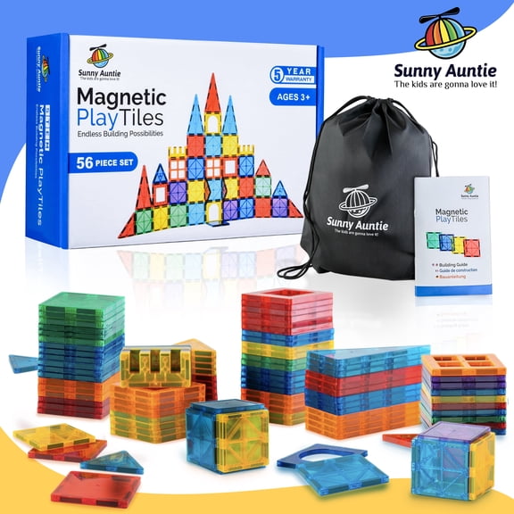 Sunny Auntie Magnetic Building Blocks Tile Set, 56 Pieces, for Kids and Toddlers Ages 3-8