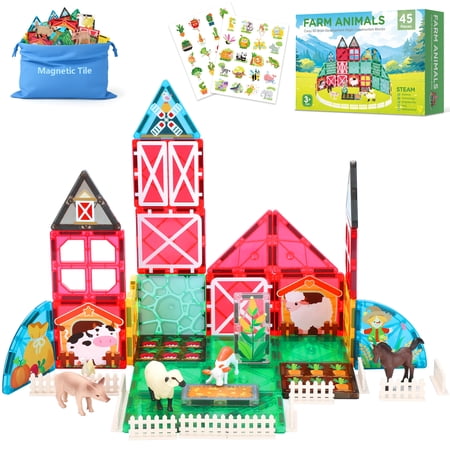 QIAHO Magnetic Tiles Farm Animals Toys Magnet Building Blocks Garden Set STEM Preschool Toddler Toys for Boys Girls