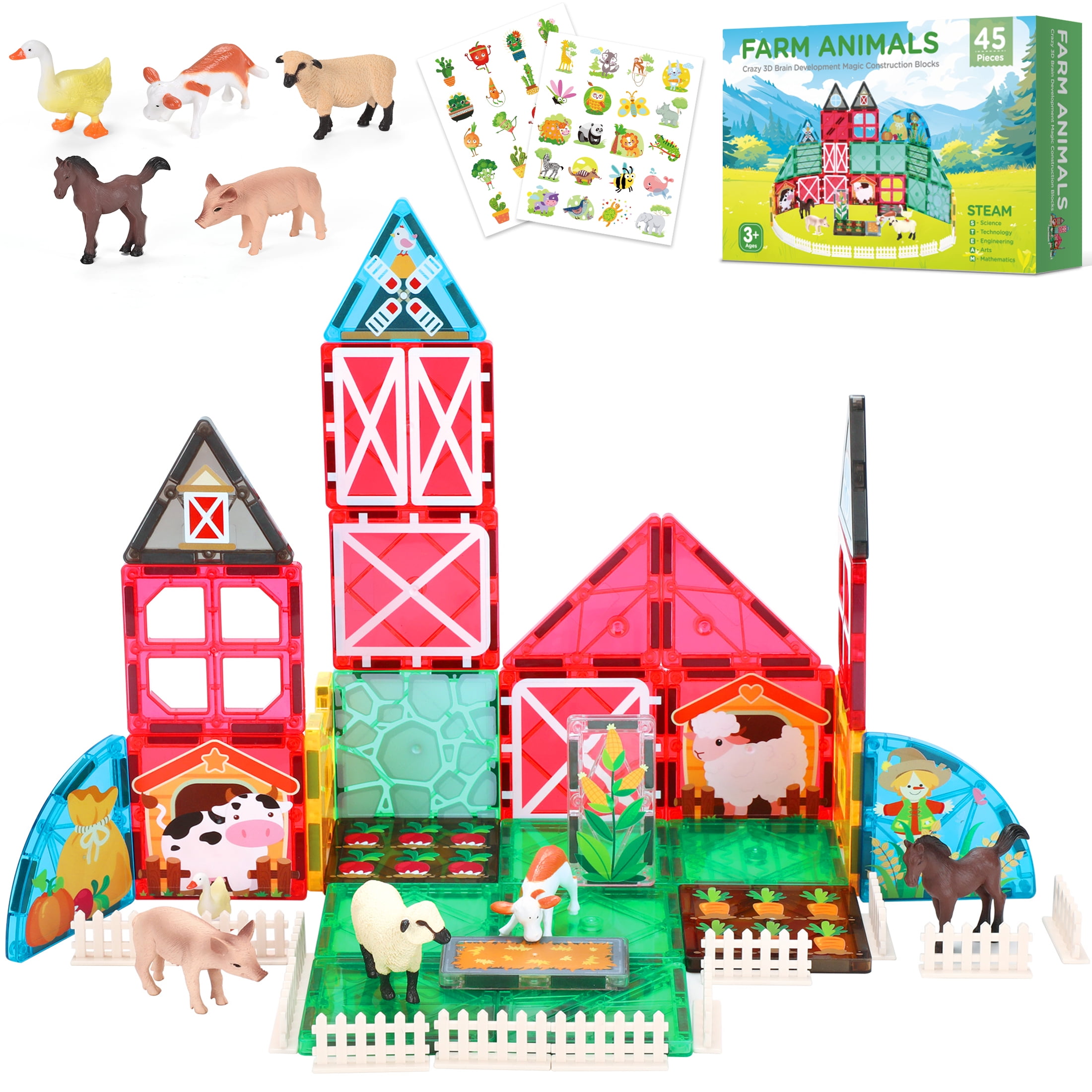 Magnetic Tiles Farm Animals Kids Toys Magnet Building Blocks Garden Set STEM Preschool Toddler Toys for Boys Girls with 2 Stickers
