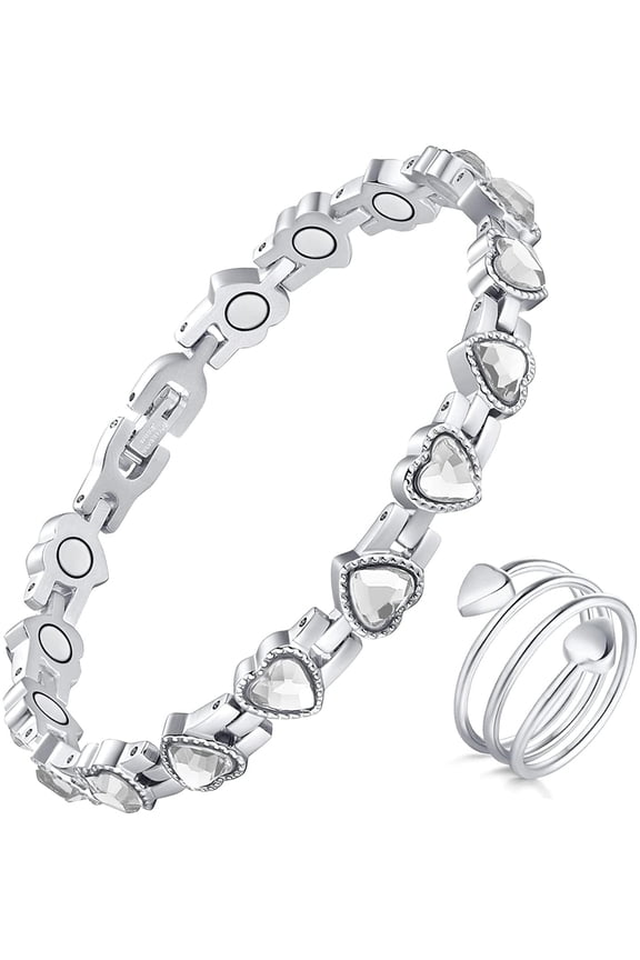 Magnetic Titanium Steel Bracelet and Copper Ring for Women Wristband Brazaletes Jewelry Gift with Adjustable Tool(Shining Heart Series)
