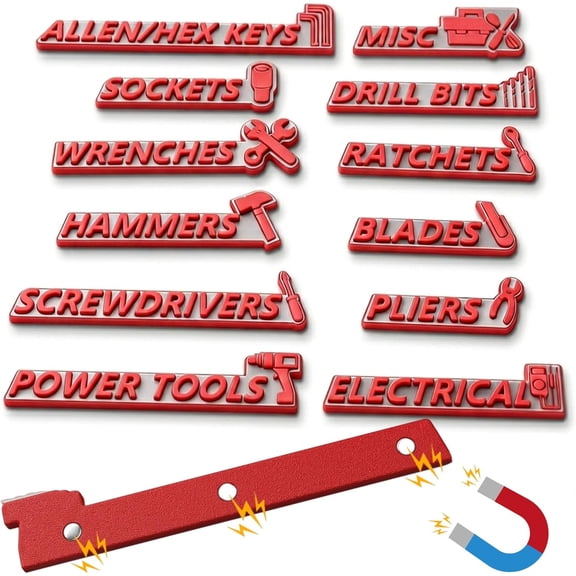 Magnetic Tool Box Labels, 12 PCS 3D Raised Toolbox Drawer Labels with Strong Magnets, Reusable Tool Chest Organizer Labels for Garage Cabinets (Gray Background with red Text)