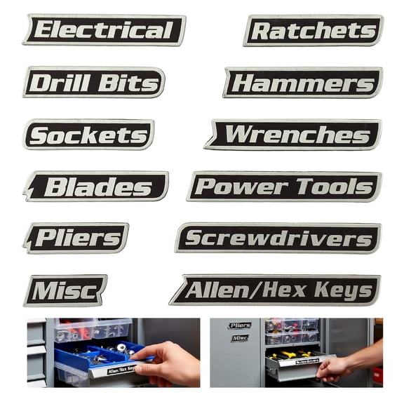 Magnetic Tool Box Labels 12-Pack – Reusable 3D Magnetic Labels for Steel Toolboxes, Carts, Drawers & Cabinets, Tool Organization Kit