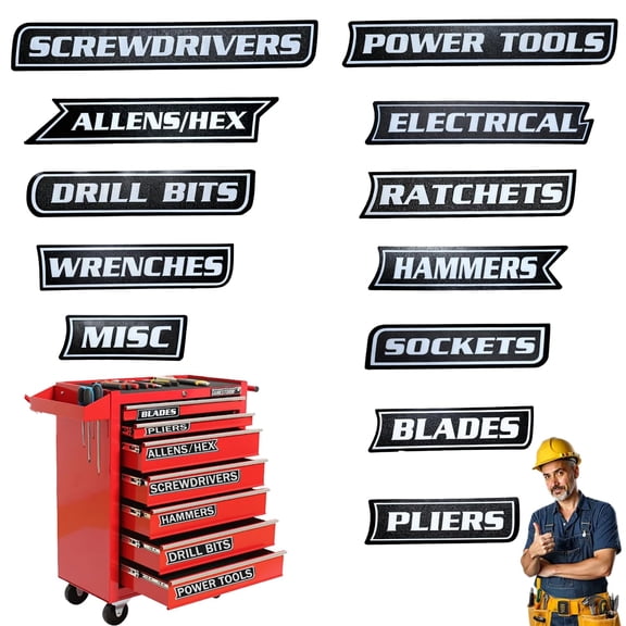 Magnetic Tool Box Labels 12 Pack Reusable Magnetic Drawer Tags, Tool Cabinet Organizer Labels for Steel Toolboxes, Black