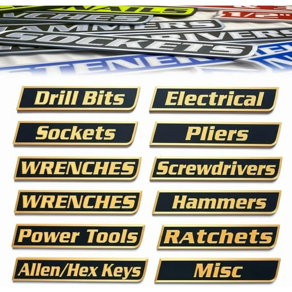 Magnetic Toolbox Labels, 12/24/36 PCS Durable Metal Toolbox Drawer Labels, Strong Magnetic Tool Label for Garage Storage, Multipurpose Tool boxs Tags, Easy to Stick and Remove,Yellow