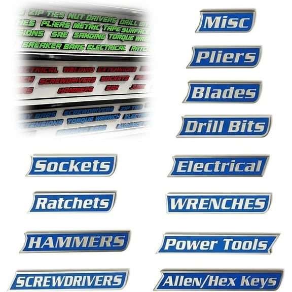 Magnetic Toolbox Labels, 12 Pack of Magnetic Toolbox Labels, 3D Printed Drawer Magnet Tool Box Tags, Quick Identifying Cabinets and Organizes, Reusable Tags for Steel Toolboxes (Blue)