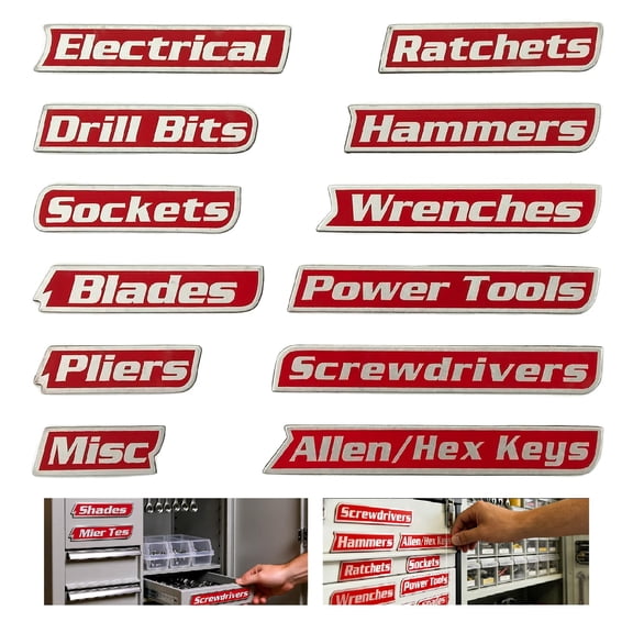 Magnetic Toolbox Labels 12-Pack, Reusable 3D Magnetic Labels for Organization of Steel Toolboxes, Carts, Drawers & Cabinets,Tool Organization Kit