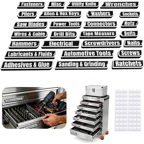 Magnetic Toolbox Labels, 26 PCS Tool Box Sticker Labels with Strong Magnet & 603M Adhesive Pads, 3D for Steel Wooden Toolboxes, Garage Organization(Black