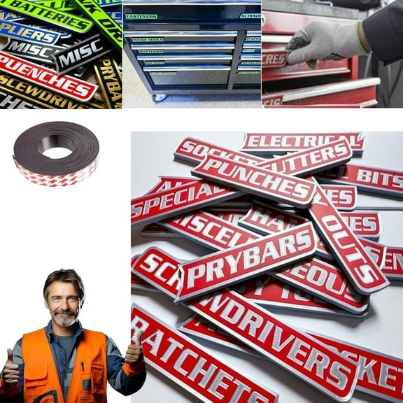 Magnetic Toolbox Labels, Premium Tool Box Labels Magnet for Tool Organization - 12 Pack of Durable 3D Printed Reusable Tags for Steel Toolboxes, Carts, Drawers, and Cabinets