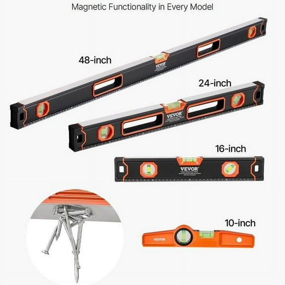 Magnetic Torpedo Level, 78/48/32/24/16/10 in Mechanical Level Set, Bubble Vials Ruler for 45/90/180 Degree, Aluminum Alloy Leveler Tool w/ Viewing Window, Shock-Resistant for Plumbing.