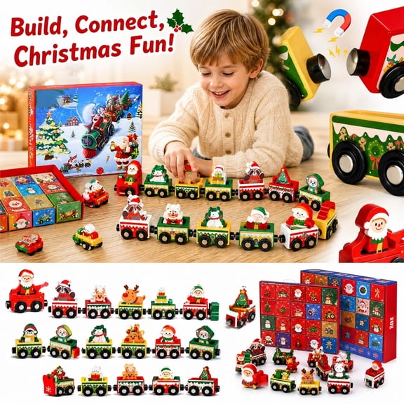 Magnetic Train Puzzle Wooden Christmas Toy for Kids 3D Advent Calendar Filler Stocking Stuffer Educational Building Blocks Toddler Learning Gift Age 3+