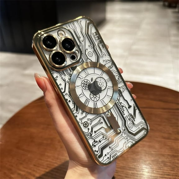 Magnetic Transparent Circuit Pattern Case for iPhone 14/13 /12/ Pro Max Compatible with Magsafe, Glass Full Lens Camera Protector Shockproof for Women Men (Gold,for iPhone 13 Pro Max)