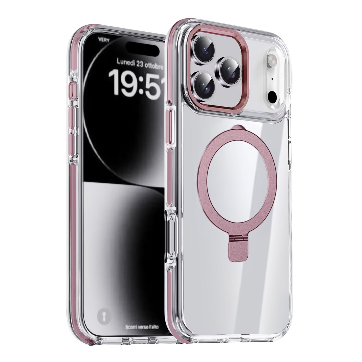 Magnetic Transparent Phone Case with Adjustable Stand for iPhone 17 Pro Max - Pink