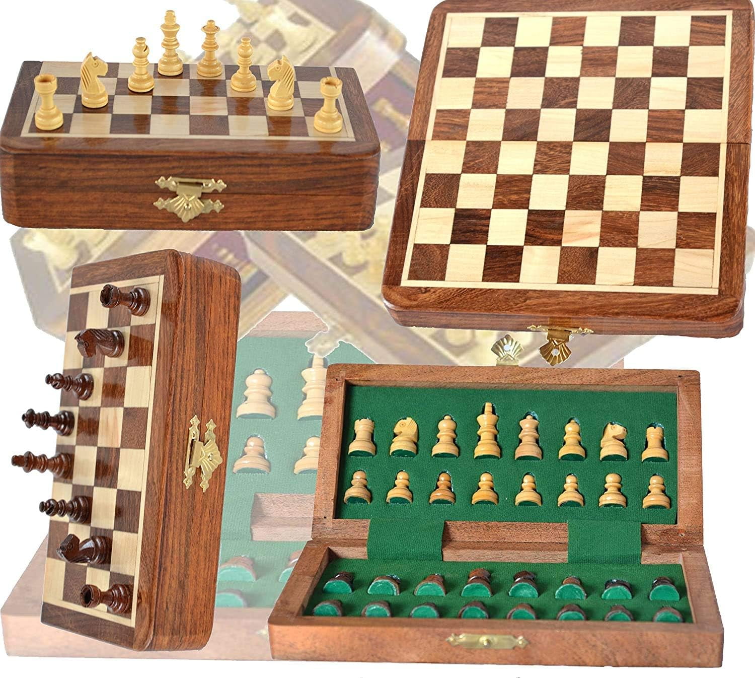 Magnetic Travel Pocket Chess Set - Staunton 7x7 Inch Folding Game Board - Handmade in Fine Rosewood - 2 Players, Age 14+