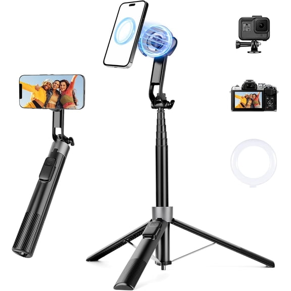 Magnetic Tripod for iPhone, 69" Phone Selfie Stick with Stake, Remote & 2 in 1 Holder, Extendable Cell Stand Golf Recording Travel, Compatible iPhone and Android Cellphone