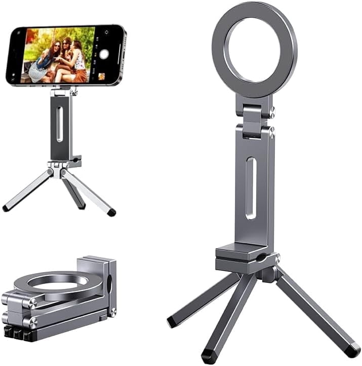 Magnetic Tripod for iPhone, Aluminium Stand with 360° Adjustable Magic Clip & 1/4" Screw, for Foldable & Stable Use, Adapted for iPhone 17 16 15 14 13 12 Series & MagSafes