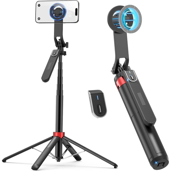 Magnetic Tripod for iPhone with Rechargeable Remote, 69" | Selfie Stick Mount for MagSafe, 360 Rotation Extendable Travel Phone Stand, Compatible with iPhone, Camera, Video Recording