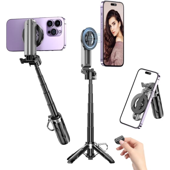 Magnetic Tripod for iPhone with Remote Control,4-in-1 Portable Selfie Stick with Extendable Stand,Phone Travel Tripod for Phone 17 16 15 14 13 12 Pro Max Mini