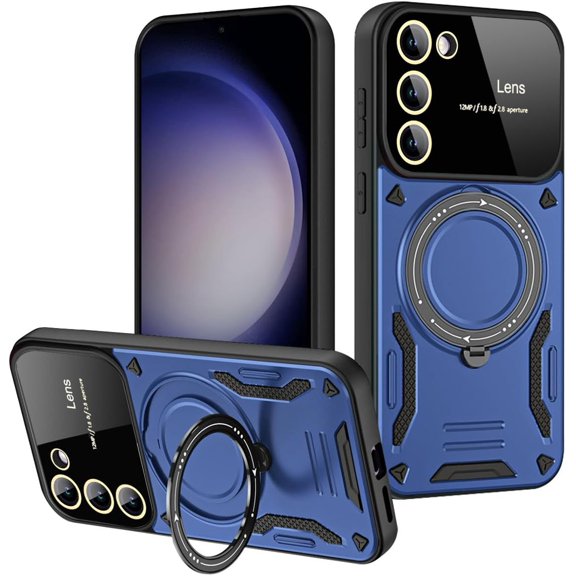 Magnetic U-Shield Finger Ring Phone Case, Free Adjustable Finger Ring Holder with Magnetic Attraction, Drop Proof, Compatible Model S23 Ultra Plus Phone Case (Blue,S23 Ultra)