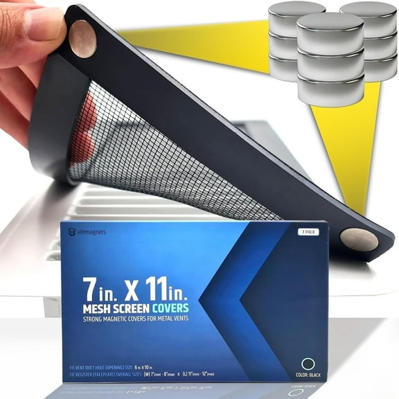 HMMAGNETS Powerful Magnetic Vent Screen Mesh Covers (3-Pack) That Will Never Move or Fall - for Floor, Wall & Ceiling Registers of Width 7" to 8", Length 11" to 12" | Black