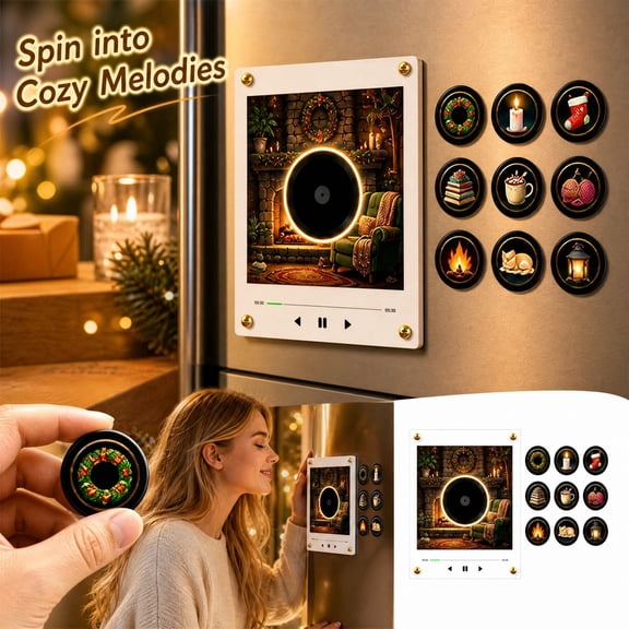 Magnetic Vinyl Player for Fridge, NFC Magnetic Music Player with Rotating Vinyl Record, Night Light, Music Discs, for Refrigerator Home Office Kitchen Decor