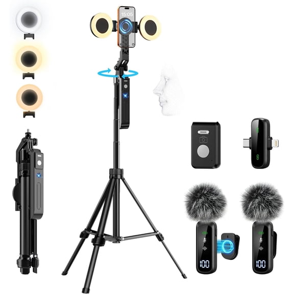 Magnetic Vlogging Kit with Auto Face Tracking Tripod 71 Inch Fill Light Microphone Remote Control