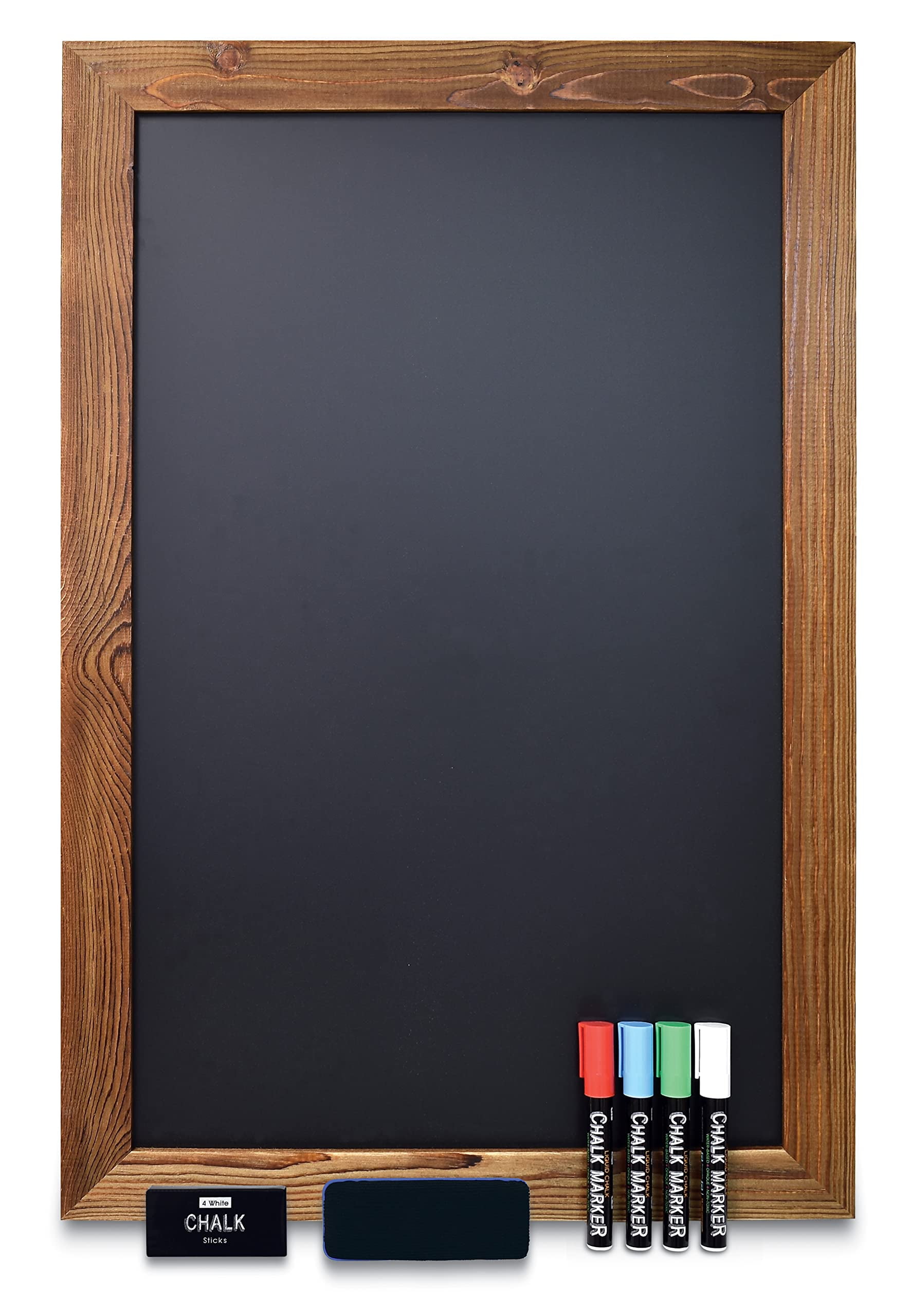 Magnetic Wall Chalkboard Sign, X Large Size 20" x 30", Rustic Wood Frame, Vertical or Horizontal Wall Mount, Includes 4 Chalk Markers + Chalk and Eraser, by Better Office Products (Rustic Brown)