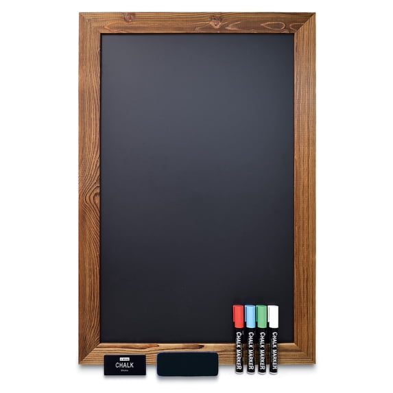 Magnetic Wall Chalkboard Sign, X Large Size 20" x 30", Rustic Wood Frame, Vertical or Horizontal Wall Mount, Includes 4 Chalk Markers + Chalk and Eraser, by Better Office Products (Rustic Brown)
